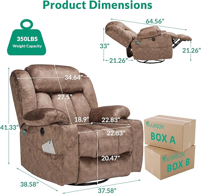 VIVIJASON Manual Swivel Rocking Glider Recliner Chair with Heat &amp Vibration Massage 360° Swivel Overstuffed Reclining Chair with 2 Cup Holders Side Pockets &amp USB Ports for Living Room Plush