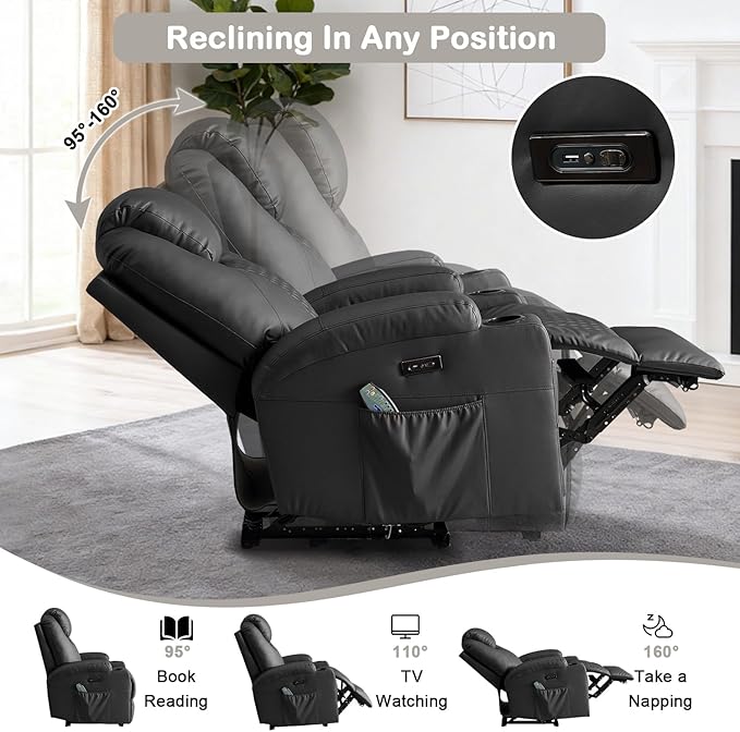 Power Recliner Chair with Heat and Massage for Adults - Home Theater Seating with LED LightsCup HoldersSide PocketUSB Port - Recliner Sofa for Living Room (Black Set of 2)