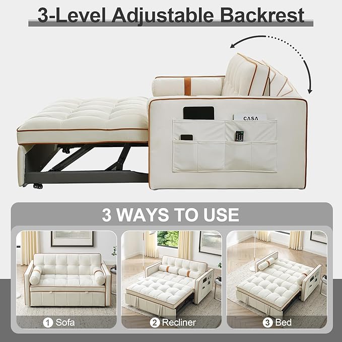 3-in-1 Convertible Sleeper Sofa Bed55.5 Modern Velvet Tufted Pull Out Couch BedFuton Small Love Seat Sofa with Adjustable Backrest&ampCylinder Pillows for Living RoomBedroomApartment(Beige)