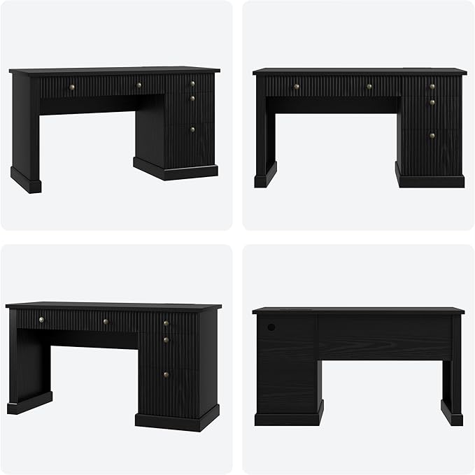 GAOMON 54'' Fluted Home Office Desk with Storage Modern Executive Desk with Charging Station Wooden Computer Desk with Drawers for Storage File Writing Desk for Study Living Room Bedroom