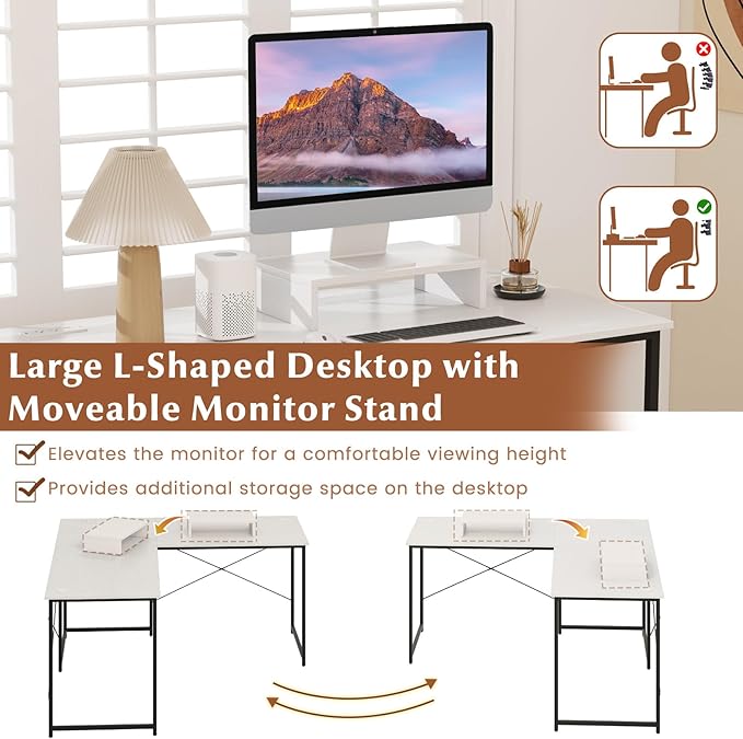 Giantex L Shaped Computer Desk 59 Inch Reversible Corner Desk with Power Outlet and USB Ports &amp Monitor Stand Wooden Writing Desk Gaming Table for Home Office Room Small Space (White)