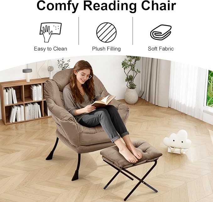 Lazy Chair with OttomanOversized Accent Chair with Thick Cushion Side PocketModern Lounge Arm Reading Chair and Folding Footrest for Living RoomBedroomOfficeDormApartment Brown