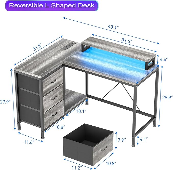 41 Inch Computer Desk with 3 Drawers LED Lights &amp Power Outlets Gaming Desk with USB Charging Station Home Office Desk with Monitor Stand and Cationic Fabric Drawers