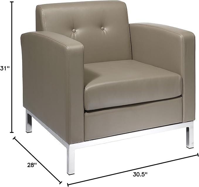OSP Home Furnishings Wall Street Faux Leather Armchair with Box-Spring Cushion Button Tufted Back and Chrome Finish Base Smoke Grey