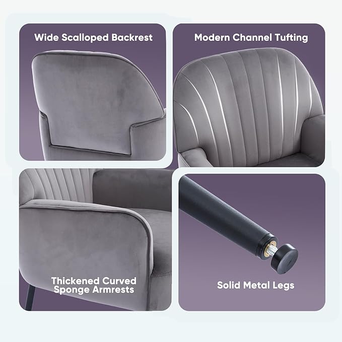 Velvet Accent Chair Upholstered Modern Leisure Single Sofa Side Chair Comfy Tufted Back Armchair with Metal Legs for Living Room/Bedroom/Office/Reading Room Grey