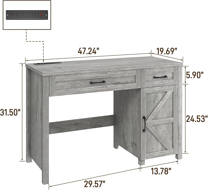 Farmhouse 47 Executive Desk Computer Desk with Drawers and Storage Cabinet Workstation for Home Office and Study.(Grey)