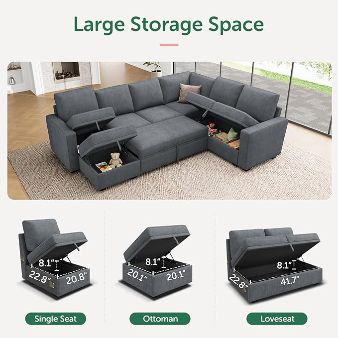HONBAY Modular Sectional Couch with Pull Out Bed Chenille Sleeper Sofa with Storage Seats Ottoman U Shaped Sectional Couches for Living Room Bluish Grey