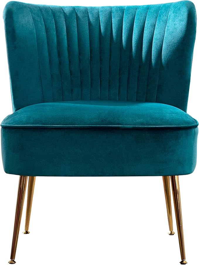 WO Home Furniture 25 Wide Tufted Velvet Accent Chair with Rust Resistant Golden Metal Legs Premium Quality Rust Resistant Seat for Your Den Living Room Bedroom Inside Area (Teal)