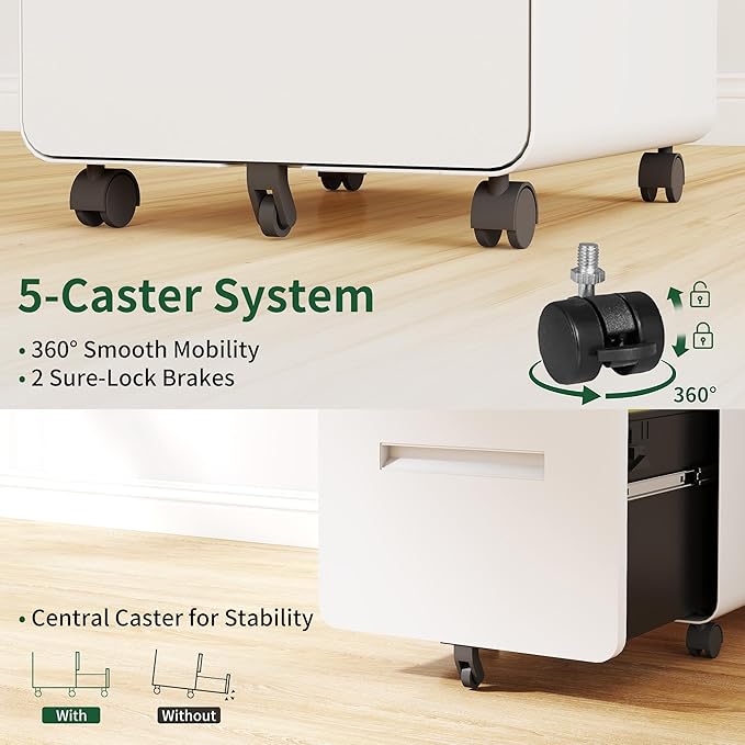 3-Drawer Mobile File Cabinet - All-Steel Wide with Lock Fully Assembled Metal Storage Cabinet on Casters 110lbs/Drawer Capacity for Home Office Organization (White)