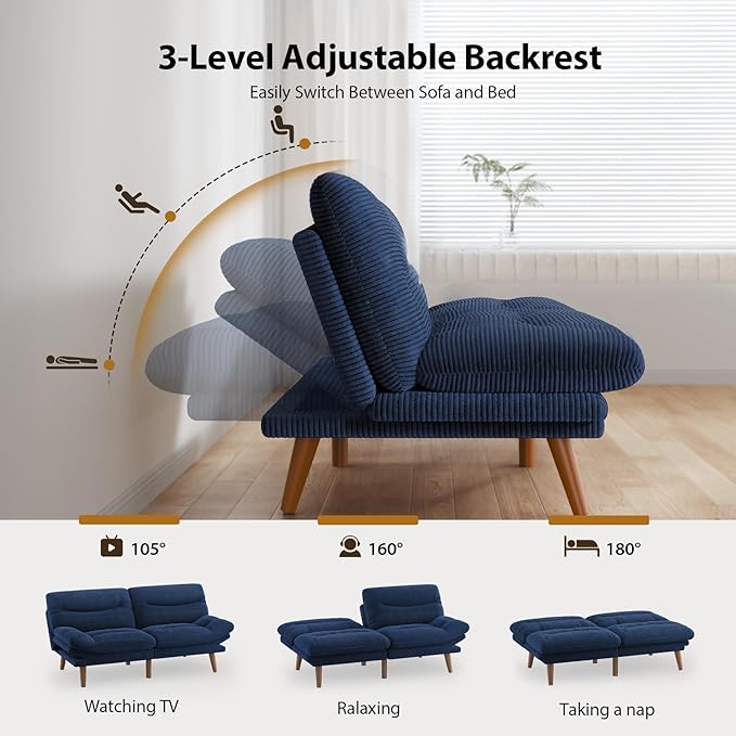 Pipishell Futon Sofa Bed Modern 66 Futon Couch Convertible to Bed &amp Lounger Compact Size Corduroy Loveseat Durable Construction - Fits Small Spaces ApartmentsStudy Room (Sky Blue 66 Inch)