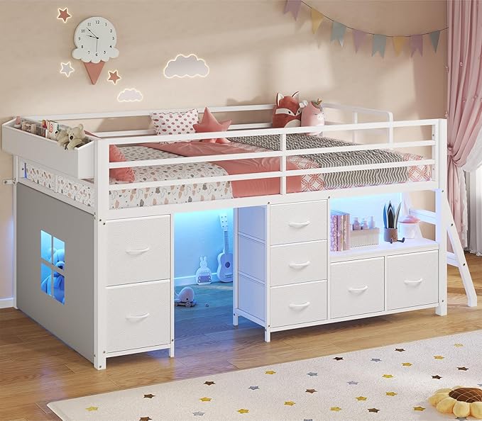 ADORNEVE Low Loft Bed Twin Size with 7 Storage Drawers Bookcase and LED Lights Metal Kids Loft Bed with 14 H Safety GuardrailInclined Ladder and Play Curtain Under-Bed Play Space White
