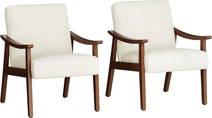 Yaheetech Corduroy Accent Chair Mid-Century Modern Armchair with Solid Wood Legs Reading Leisure Chair with High Back for Living Room Bedroom Waiting Room Set of 2 Beige