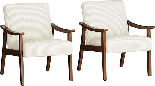 Yaheetech Corduroy Accent Chair Mid-Century Modern Armchair with Solid Wood Legs Reading Leisure Chair with High Back for Living Room Bedroom Waiting Room Set of 2 Beige