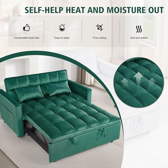 3 In 1 Velvet Convertible Sofa Bed Pull Out Couch Bed with Reclining Backrest And 2 Pillows 54 Full Size Loveseat Sleeper Sofa Futon Couch Bed Couches For Small Spaces Living Room (Green)