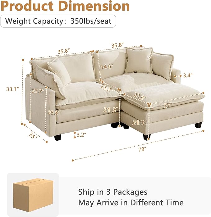 Setawix Modern Modular Sectional Sofa 78 Upholstered Chenille Loveseat with Movable Ottoman Comfy L-Shaped Sofa Oversized Deep Seat Cloud Couch with 2 Throw and Arm Pillows for Living Room Beige