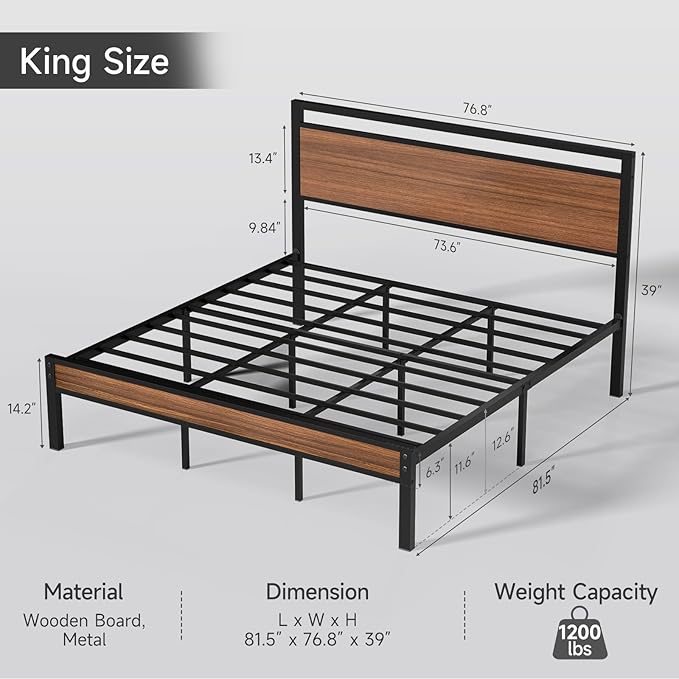 Z-hom King Metal Bed Frame with Wooden Headboard and Footboard Heavy Duty Platform Frame with Metal Slats No Box Spring Needed Quiet and Non-Slip Design Space Saving Bed Frame for BedroomWalnut