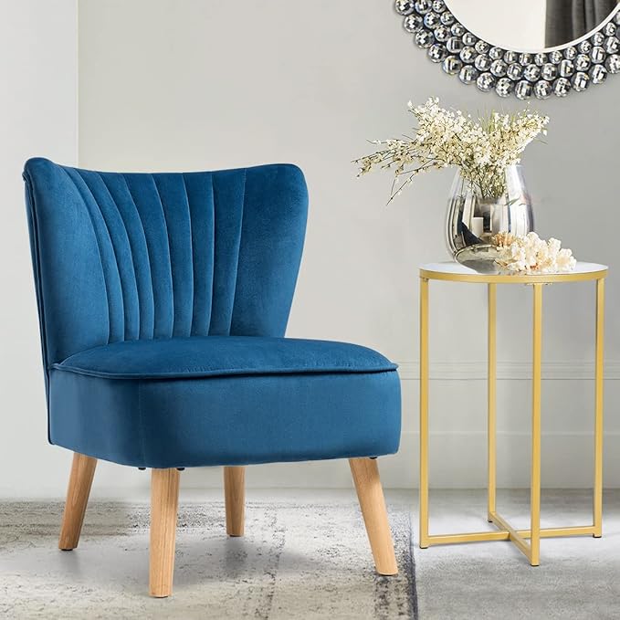 KOTEK Velvet Accent Chair Modern Armless Accent Chair w/Solid Rubber Wood Legs Upholstered Side Chair Club Sofa Chair Slipper Chair for Living Room Bedroom (Blue)