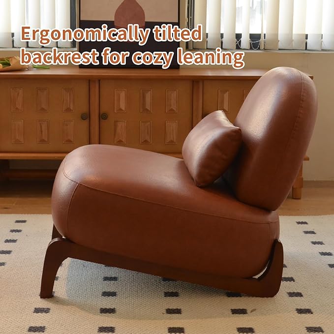 KEIKI Accent Chair with Solid Wood Legs Faux Leather Single Seat Sofa for Living Room or Bedroom Comfy Armless Reading Chaise Lounge Brown