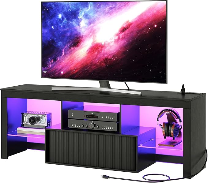 TV Stand with Power Outlet Modern TV Cabinet for 55 60 inch TVs Media TV Console with LED Light Strip Media Entertainment Center with Storage for Living Room Bedroom Black MDS02UDBB
