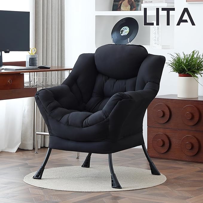 LITA Lazy Chair with Armrests and Side Pocket Modern Upholstered Accent Reading Chair for Living Room Bedroom Dorm Small Spaces Single Black