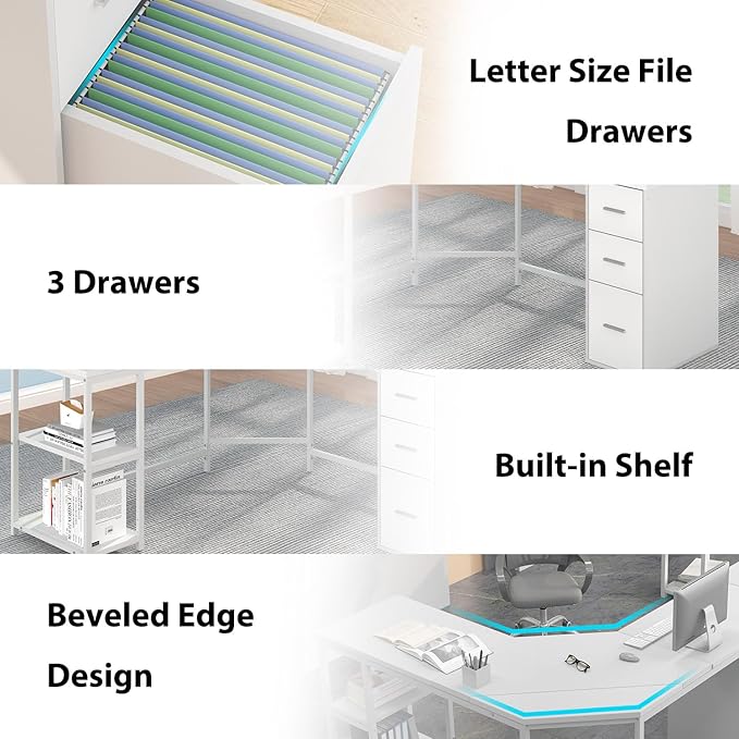 HSH White L Shaped Desk with Drawers Reversible Modern L Shaped Corner Computer Desk with Storage Cabinet Shelves Large Wooden L-Shape Home Office Desk Table for Work Study Writing Gaming 60 Inch