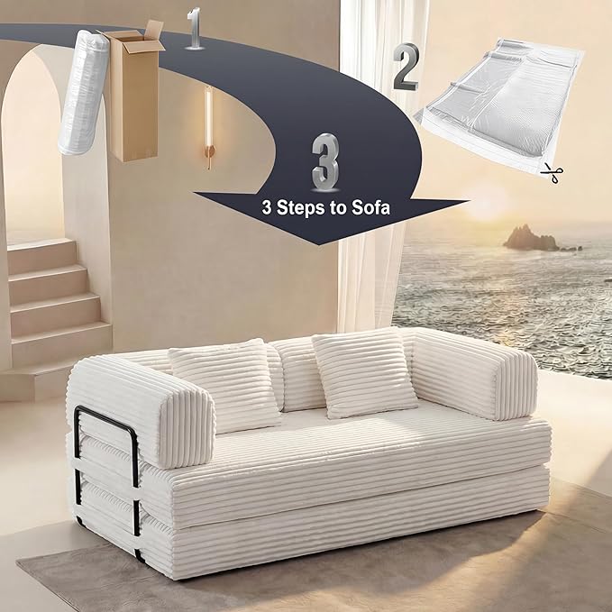 Convertible Sleeper Sofa Bed Folding Floor Mattress Couch with Fixed-Shape Frame Futon Boneless Couch Lounge Loveseat with Pull Out Bed No Assembly Required Beige White