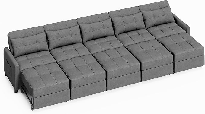 Aiho Pull Out Couch Convertible Sofa Bed with Adjustable Backrest 5 Seater Sectional Sleeper Sofa Couch Bed with Spring Support for Apartment Living Room Dark Grey