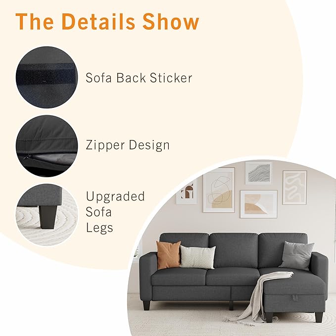 Sectional Sofa and Couches for Living Room - 78'' Dark Grey 3 Seat L-Shaped Couch with Storage Ottoman Modern Linen Convertible Sectionals Sofas for Apartment Office Small Space