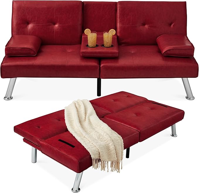 Best Choice Products Faux Leather Upholstered Modern Convertible Futon Adjustable Folding Sofa Bed Guest Bed w/Removable Armrests - Burgundy