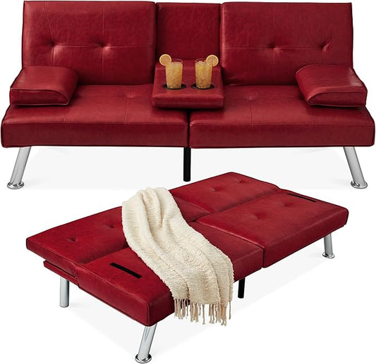 Best Choice Products Faux Leather Upholstered Modern Convertible Futon Adjustable Folding Sofa Bed Guest Bed w/Removable Armrests - Burgundy