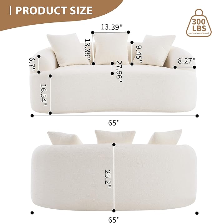 Curved Loveseat Sofa Couch for Living Room 65’’ Modern Comfy Cloud Floor Couch Round Sofa Full Sponge Compression Sofas with Deep Seat for Small Spaces Apartment No Assembly Needed Cream White