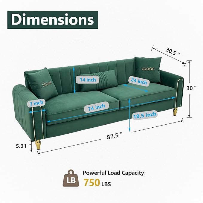 87.5 Modern 3-Seater Velvet Couch with Metal Legs &amp Decorative Pillows High Resilience Sponge Spring Seat Luxury Sectional Loveseat Sofa for Living Room Apartment Small Space Green