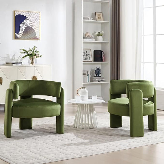 Set of 2 Accent Chairs with Arms Upholstered Barrel Armchair with Curved Back Comfy Single Side Chair for Reading Living Room Home Office Green