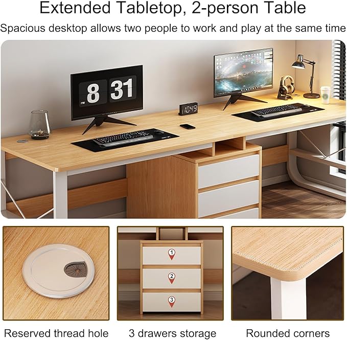 2 Person Long Computer Desk Double Workstation Desk with Drawers Modern Large Wood Writing Table Gaming Desks for Home Office 78.7 Inch(Walnut)