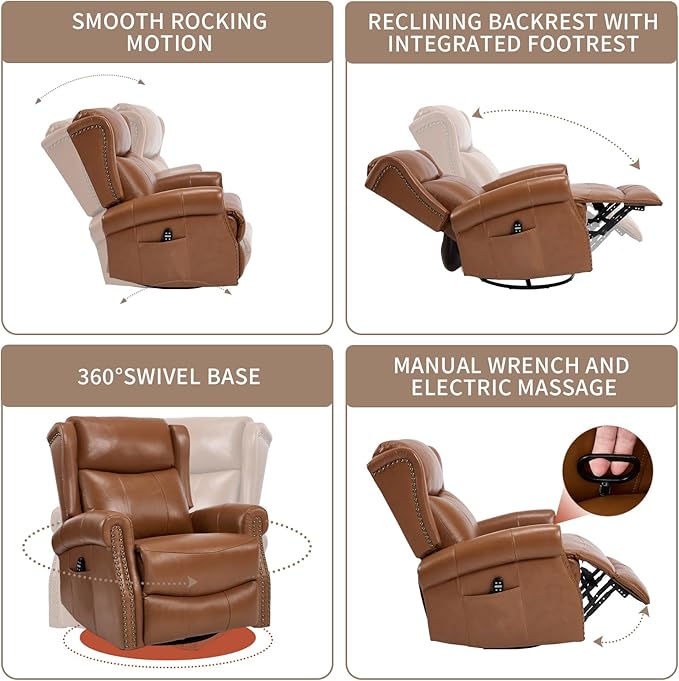 PELUMY Genuine Leather Swivel Rocking Recliner Chair for Adults 360° Swivel Glider Rocker with Heat &amp Vibrating Massage Lounge Chair for Living Room Bedroom Nursery (Earth Yellow)