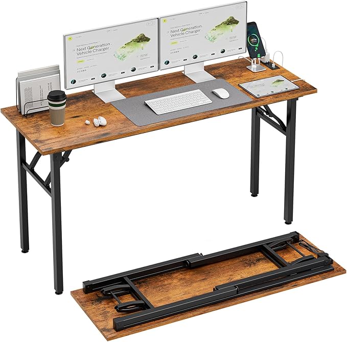 TEMI Long Computer Desk Folding Table - No Assembly Compact 55 Foldable Desk with Power Outlets &amp USB Charging Port Portable Lagre Office Desk Ideal Large Study Table for Narrow Spaces Brown