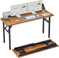 TEMI Long Computer Desk Folding Table - No Assembly Compact 55 Foldable Desk with Power Outlets &amp USB Charging Port Portable Lagre Office Desk Ideal Large Study Table for Narrow Spaces Brown