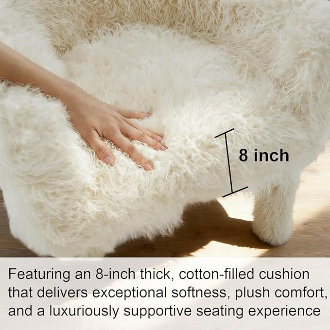 Modern Faux Fur Accent Chair with Solid Wood Frame Comfy Living Chair Cozy Furry Lounge Chair Upholstered Armchair for Living Room Bedroom Vanity Reading Nook (Ivory)