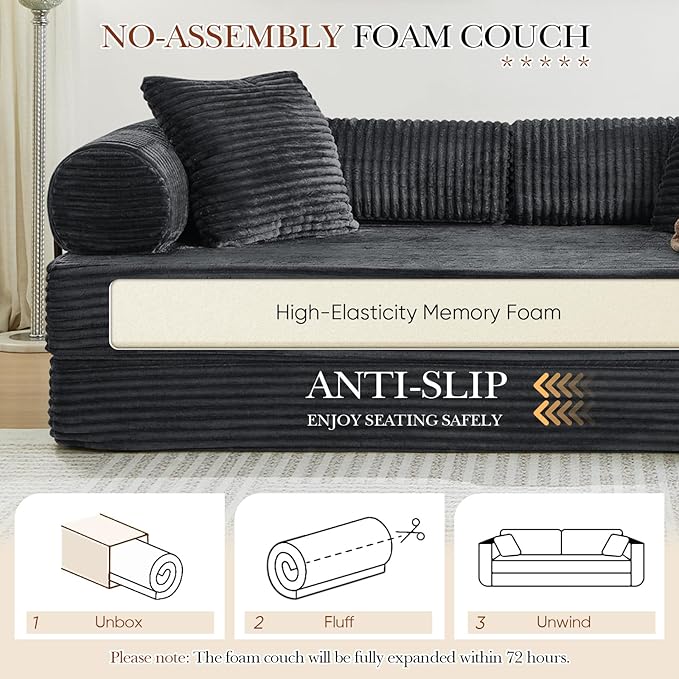 Modular Couch Bed Convertible Folding Plush Corduroy Comfy Floor Memory Foam Compression Loveseat Sleeper Sofa Couch King Size Bed for Guest Room Living Room Bedroom No Assembly Required Dark Grey