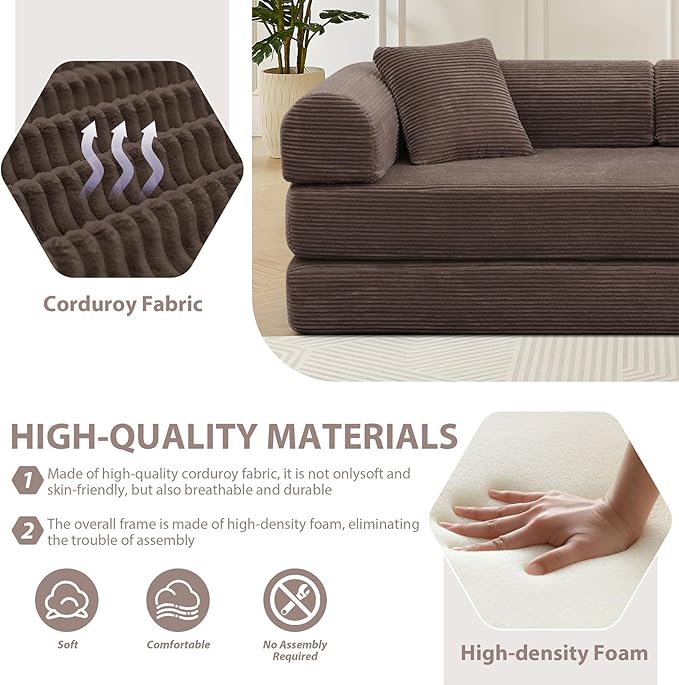 78 Convertible Sleeper Sofa Bed with Cylindrical Pillow Corduroy Folding Mattress Couch with Fixed Frame Floor Sofa Lounge Couch for Living Room Bedroom Apartment Brown