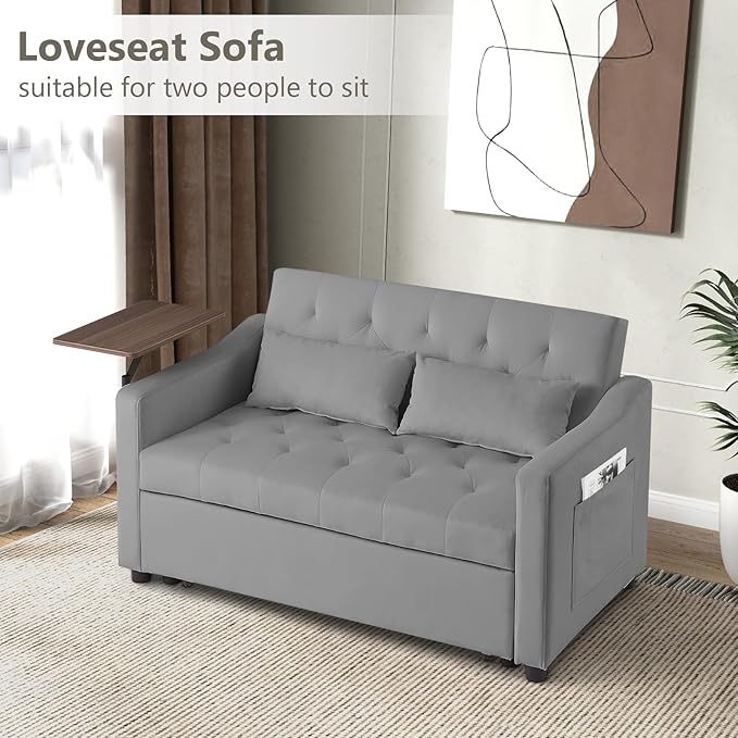 3 in 1 Loveseat Sleeper Adjustable Backrest Convertible Sofa Bed Small Pull Out Couch with 360° Rotating Side Table for Living Room Apartment Bedroom Grey