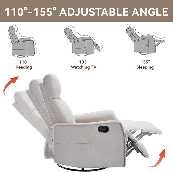Massage Chair Recliner with Heat Swivel Rocking Chair Recliner with High Back Manual Lazy Boy Recliners for AdultsSmall Recliner Chair for Small Spaces Living Room Bedroom Fabric (Beige)