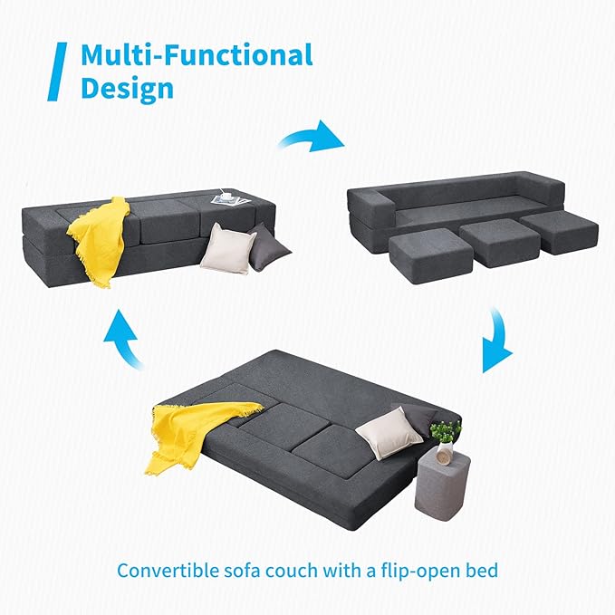 Mjkone Queen Convertible Velvet Futon Sofa Bed with 3 Ottomans Memory Foam Fold Out Couch Bed Foldable Floor Sofa Guest Sleeper for Living RoomDark Grey