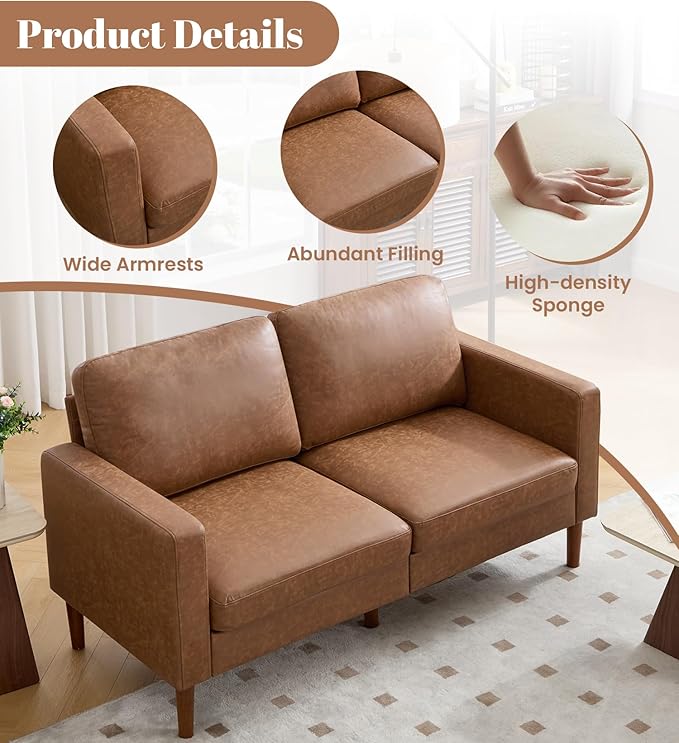 Kingfun 65 Loveseat Sofa Faux Leather Love Seat Couch Mid Century Modern Couch with Solid Wooden Frame for Living Room &amp Bedroom for Small Spaces Brown