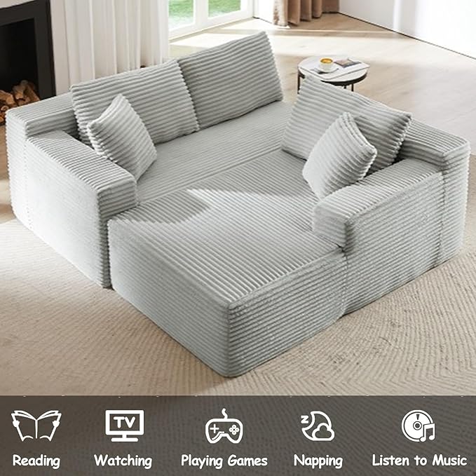104 Cloud L Shape Couch with Chaise Modular Sectional Couches with Deep Seat Corduroy Sofas for Living Room Boneless Memory Foam Couch No Assembly (Light Grey Right Facing Chaise)