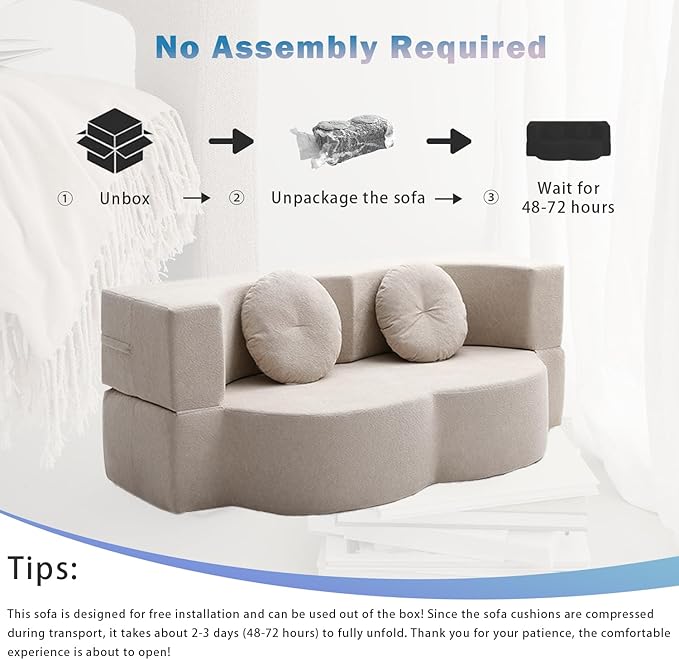 76 Convertible Folding Futon Sofa Bed Queen Sleeper Sofa with Pillow Teddy Fabric Floor &amp Futon Loveseat Couch Foam Folding Mattress Sleeper for Living Room Guest Use Office Apartment(Beige