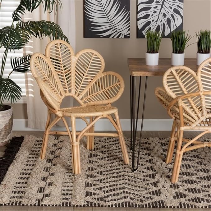 BOWERY HILL Modern Bohemian Accent Chair Natural Brown Rattan Flora-Inspired Backrest Openwork Design 29.90 W x 26.80 D x 35.80 H Angled Legs Crisscross Base for Living Room or Lounge
