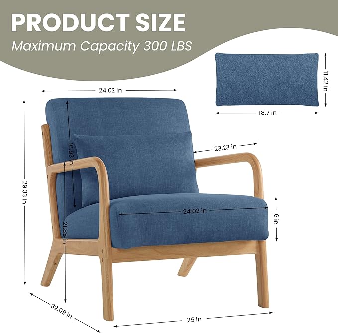 Mid Century Modern Accent Chair with Lumbar Pillow Upholstered Chair for Living Room Accent Chair with Solid Wood Frame Reading Chair Armchair for Bedroom Small Spaces Blue