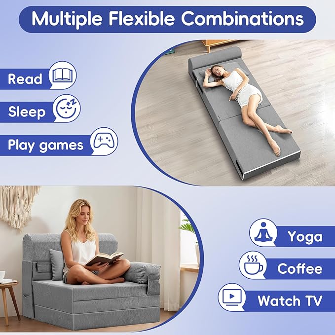 Convertible Folding Sofa Bed-Sleeper Chair with Pillow and Armrest Modern Linen Fabric Floor &amp Futon Sofa Bed Foldable Memory Foam Couch for Living Room/Home Office Single Size Light Gray