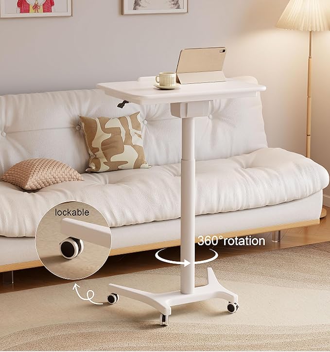 Soild Wood Mobile Folding Standing DeskHeight Adjustable Rolling Laptop TableSpace-Saving Portable Sit-Stand Desk 90° Tiltable Desktop PC Table with Wheels Home Office and Bedroom